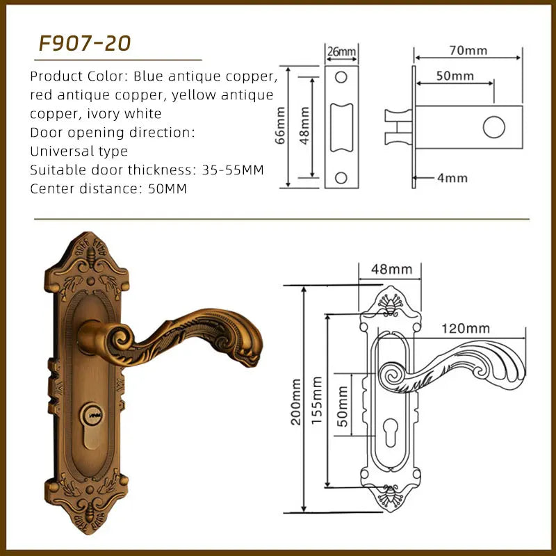 European style antique bronze retro single tongue lock with double doors, indoor bedroom, silent room, hole distance F155