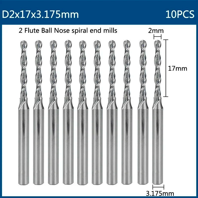 Milling Cutter 10pcs 3.175mm Shank Ball Nose End Mill 2 Flute Flat CNC Router Bits PCB Milling Cutter for Woodworking Tools