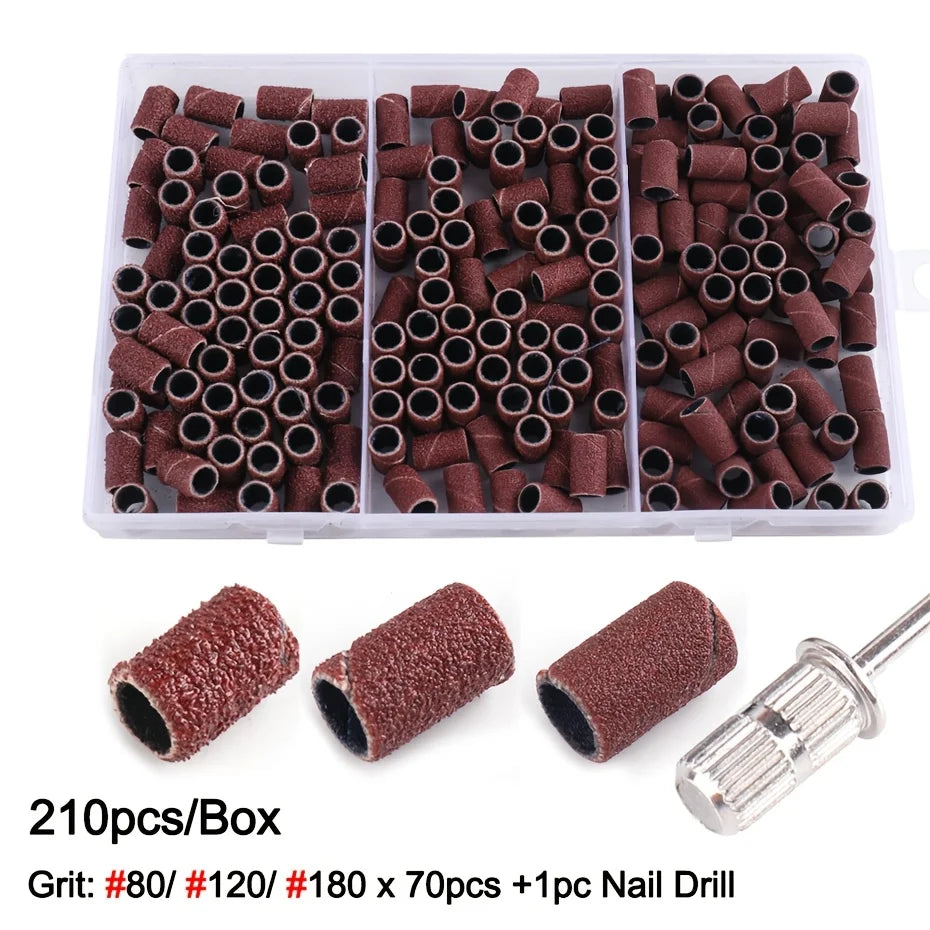 210pcs/Box Sanding Cap Bands For Electric Manicure Machine 180/120/80 Grit Nail Drill Grinding Bit Files Pedicure Tool Set