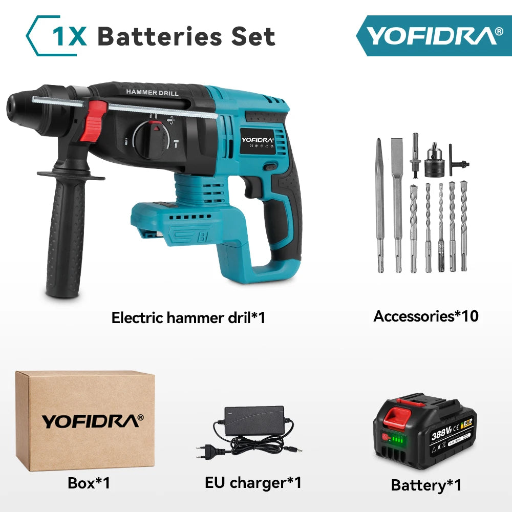 YOFIDRA Brushless Electric Hammer Impact Drill 26MM Cordless Woodworking Impact Drill Power Tools Set For Makita 18V Battery Pin