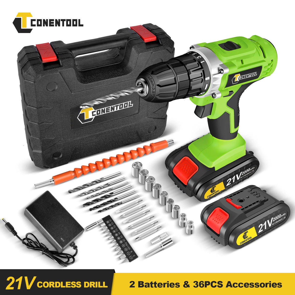 Conentool 45N.m Cordless Drill Driver Electric Screwdriver Rechargeable 2 Battery 25+1 Clutch Torque Impact Drill 36PCS Tool Set