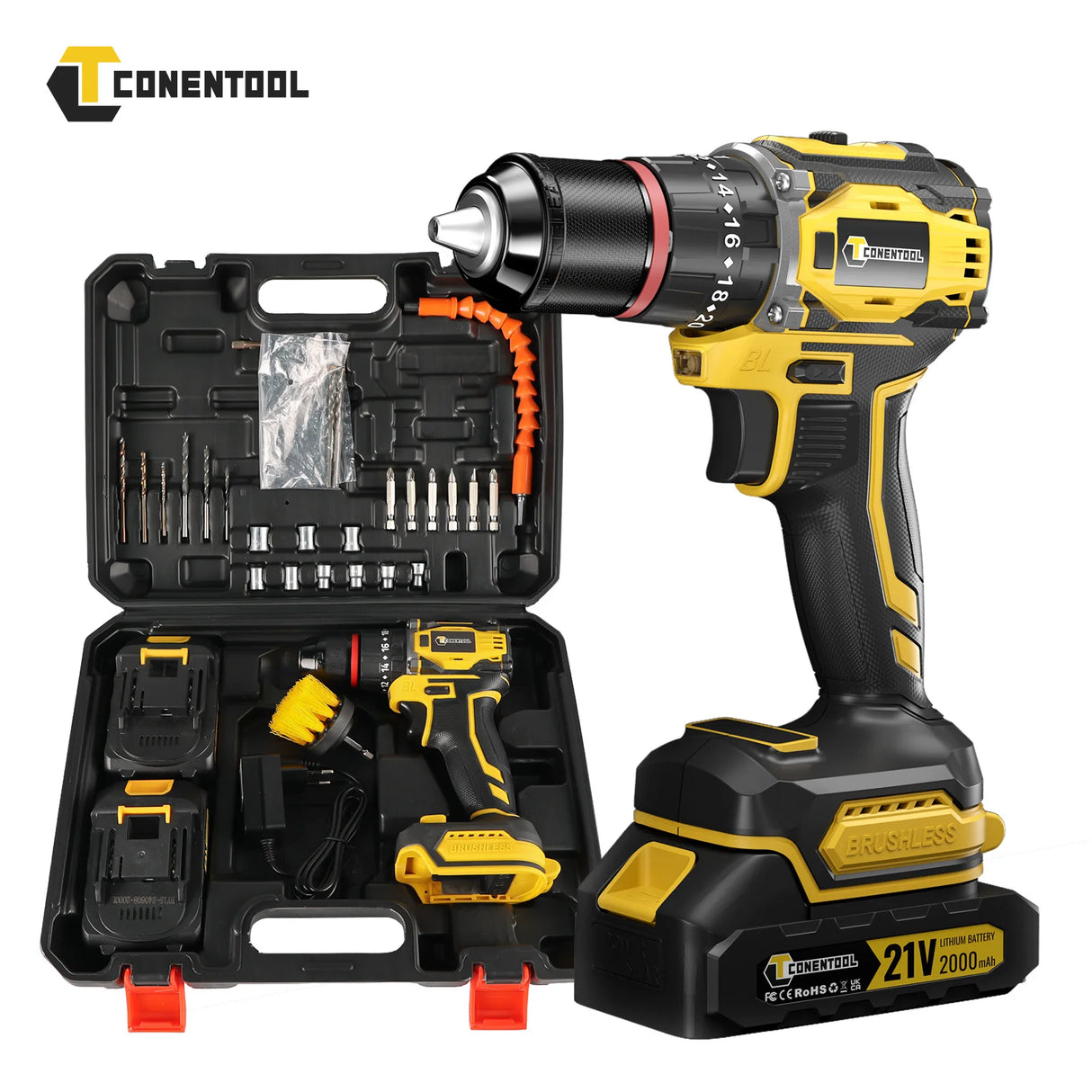 CONENTOOL 21V Brushless Wireless Electric Drill Screwdriver 27PCS Set Cordless Drill Driver 2pcs Battery 52 N.m for DIY Project