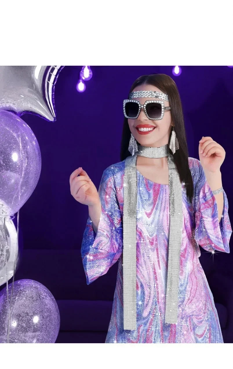 Adult 70s Women Disco Dress Hippie Costumes Necklace Earrings Glasses, 60's Birthday Outfits, 1970s Prom Bling Dress Halloween