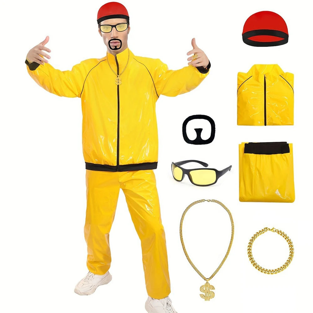 70S Disco Hippie Retro Cosplay Costume Hip Hop Windbreaker 80S Tracksuit Yellow Jacket Pants Hat Halloween Carnival Suit