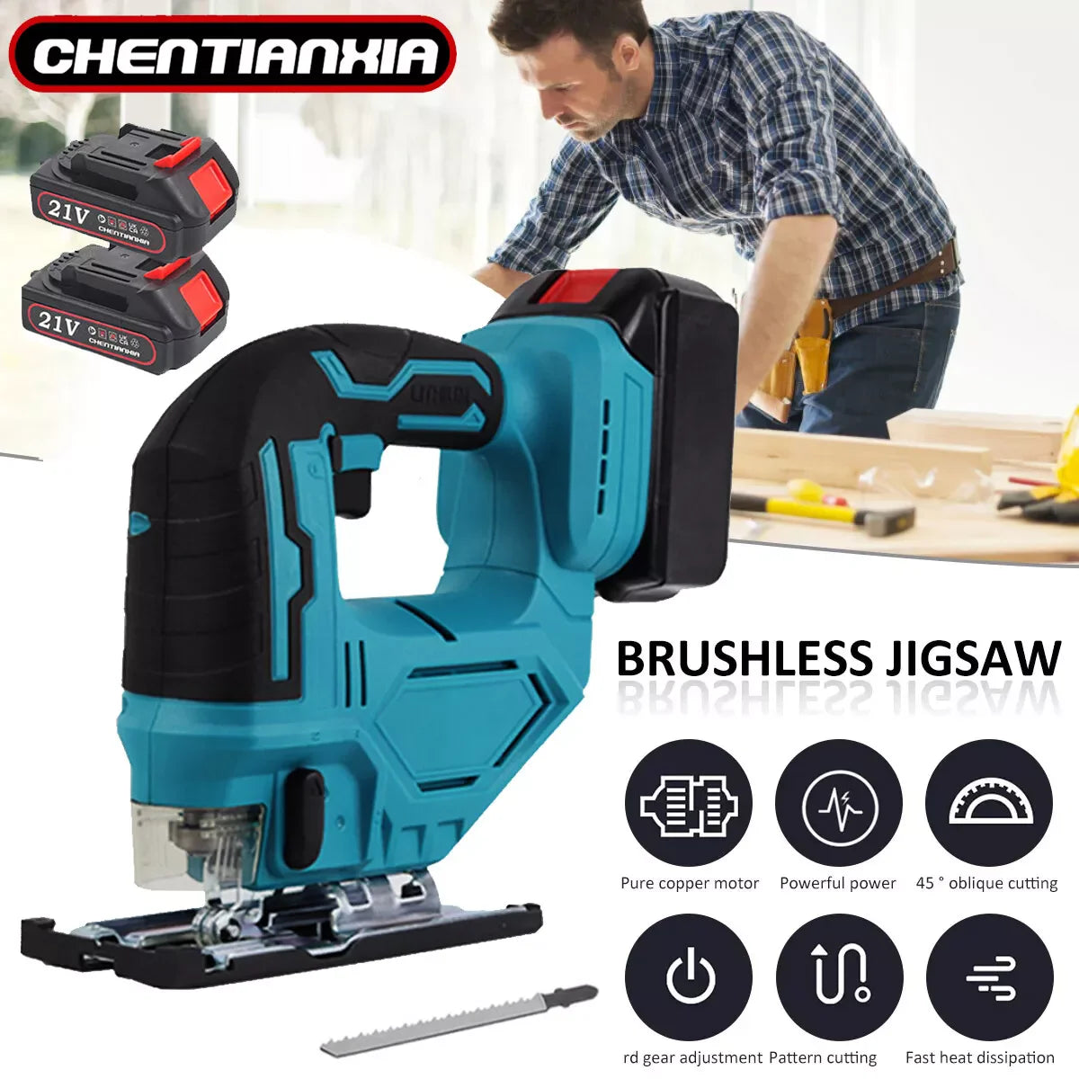 Cordless Jigsaw Portable Multi-Function Woodworking Power Tool Adjustable with 2 Battery Charger 21V Lithium XP Tool