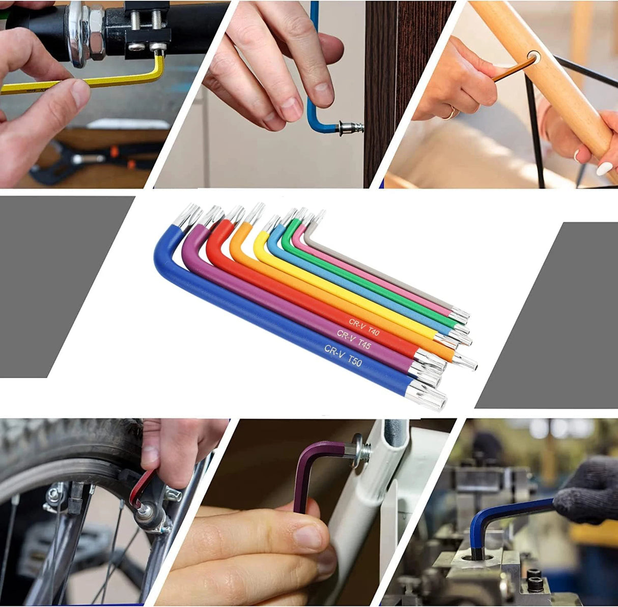 9Pcs Torx Key Set Star End Long Folding Wrench Set T10-T50 Hex Extra Security Colour Coded for Vehicle Bicycle Repairs Tool