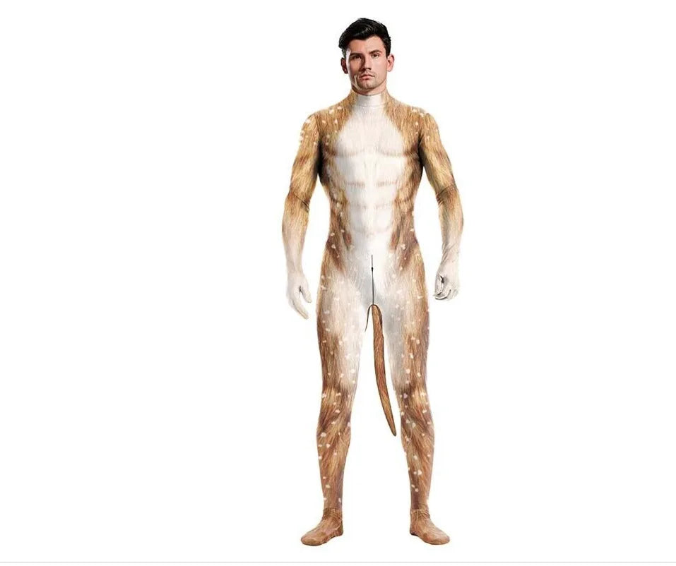 Halloween Costume Adult Mens Wild Animal Cosplay Costume Full Cover 3D Print Beast Petsuit Jumpsuit Bodysuit Tail