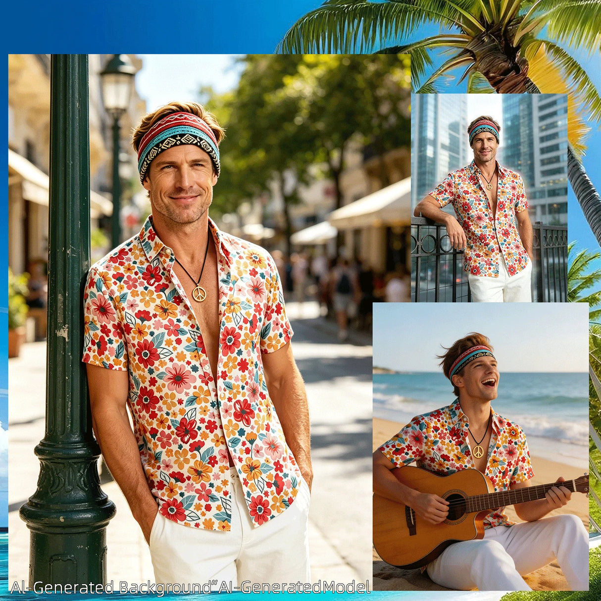 Mens 70s Disco Outfit Hippie Costume Vintage Printed Shirt with Sunglasses Headbands Necklace for Party