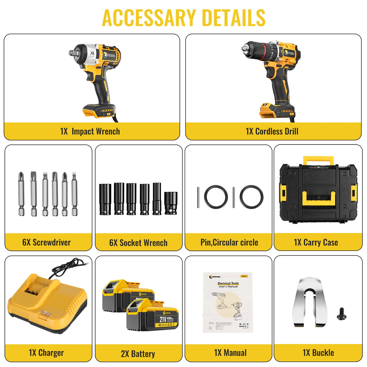 CONENTOOL Cordless 420Nm Impact Wrench + 55Nm Electric Screwdriver Brushless Electric Impact Gun 2*4000mAh Batteries and Charger