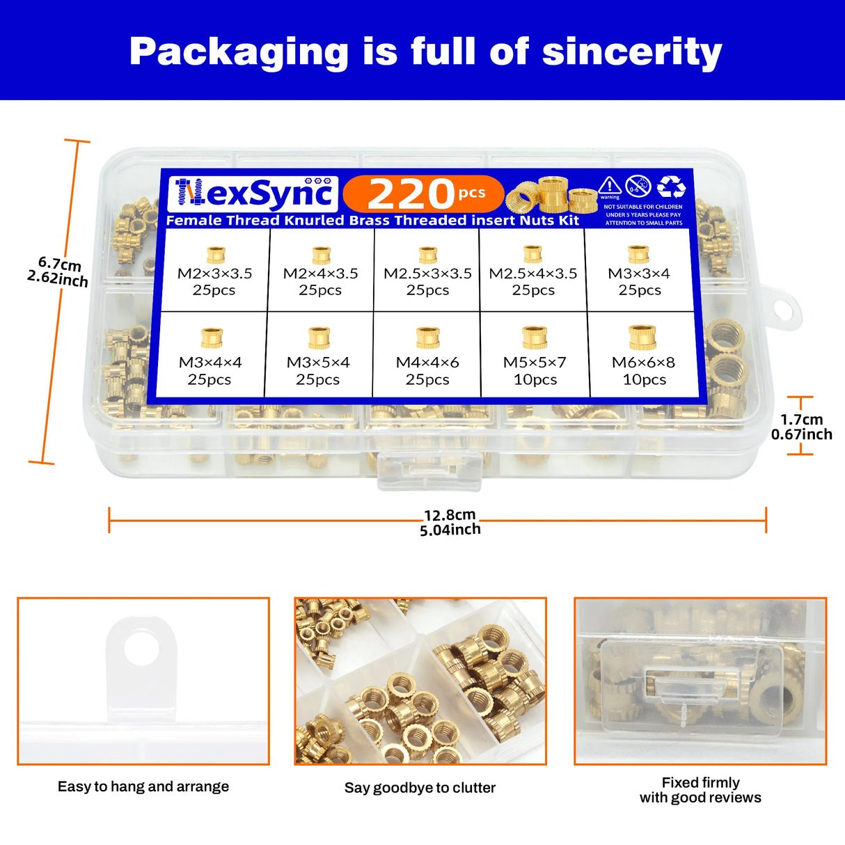 220pcs M2 - M6 Brass Heat Insert Nuts for 3D Printers. Knurled, double - twill threads. Ideal for hot - melt embedding.