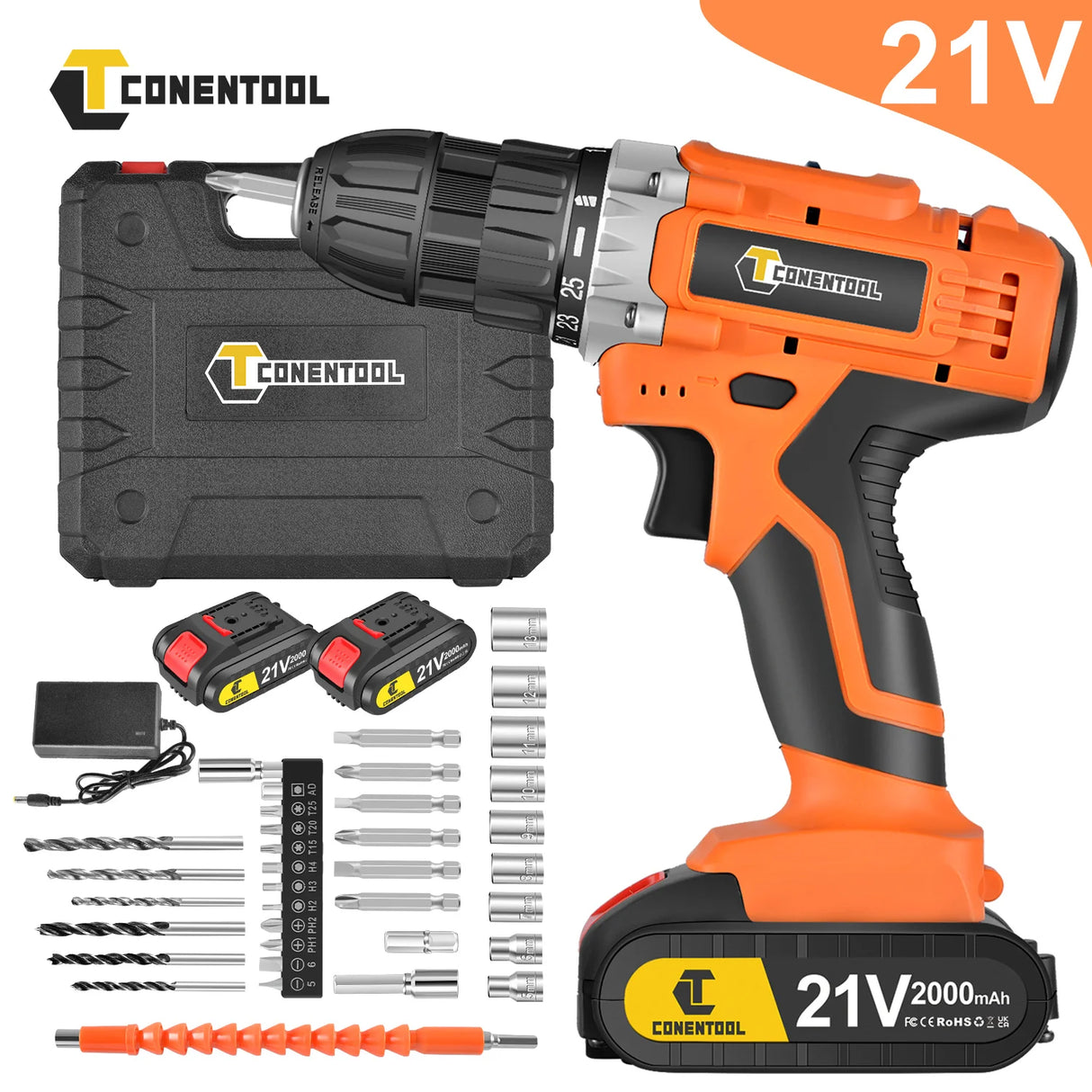 CONENTOOL Cordless Drill Driver 21V, Cordless Hammer Drill with 2 Batteries 2000mAh, 45N.m Combi Drill Screwdriver, LED Light