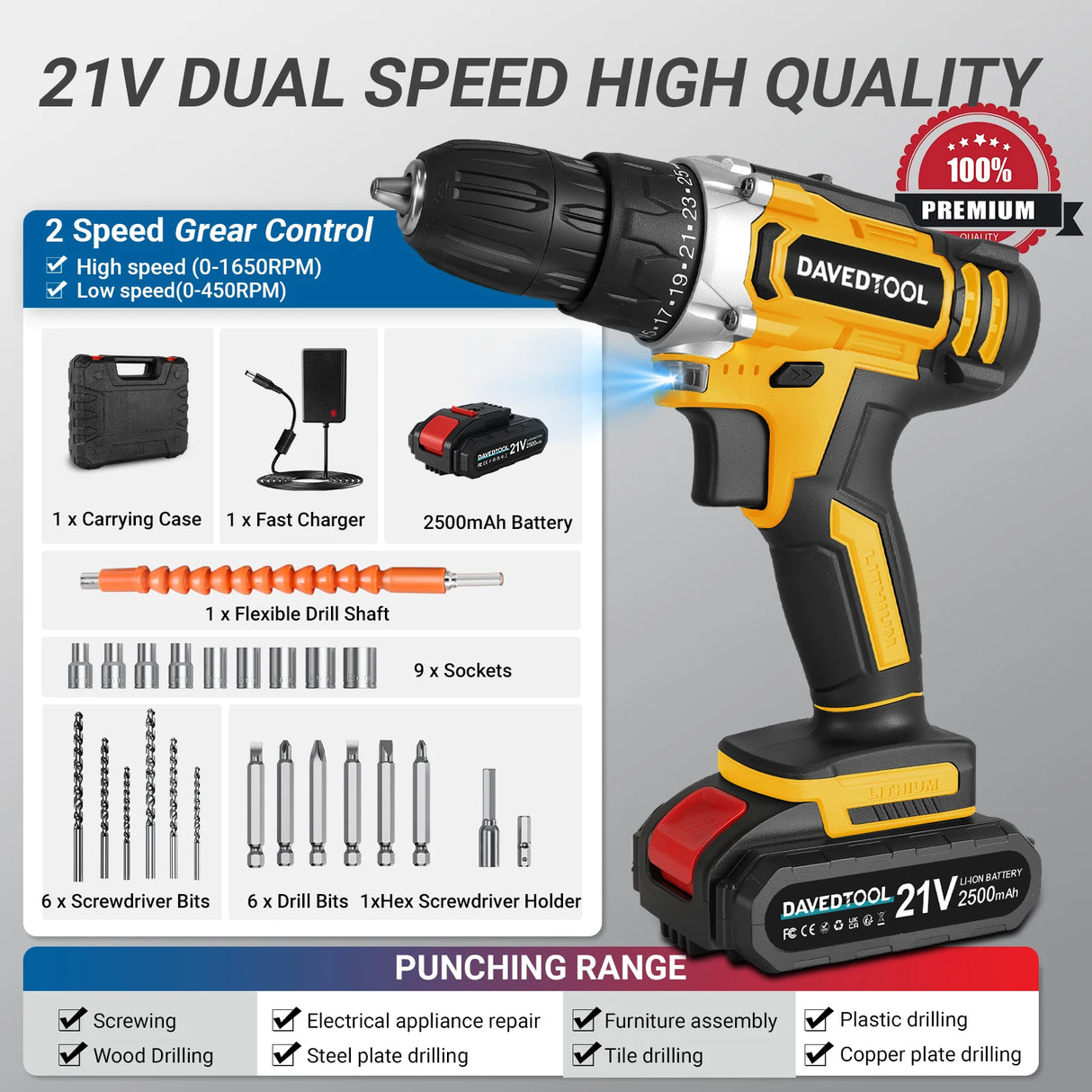 DAVEDTOOL 21V Cordless Drill Multifunctional Impact Screwdriver 2pcs Battery and 24pcs Tool 2 Gear Speed Electric Drill Driver