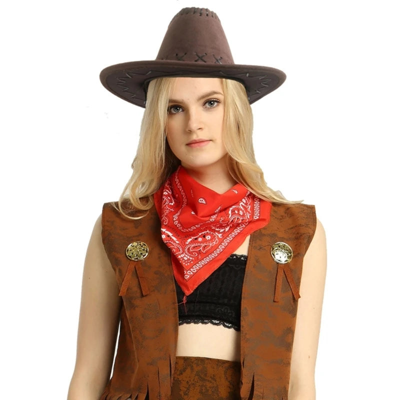 Classic Cow-boy Costumes Includes Cow-boy Hat Vests Scarf Comfortable Wear for Men Women Halloween Party Cos-play