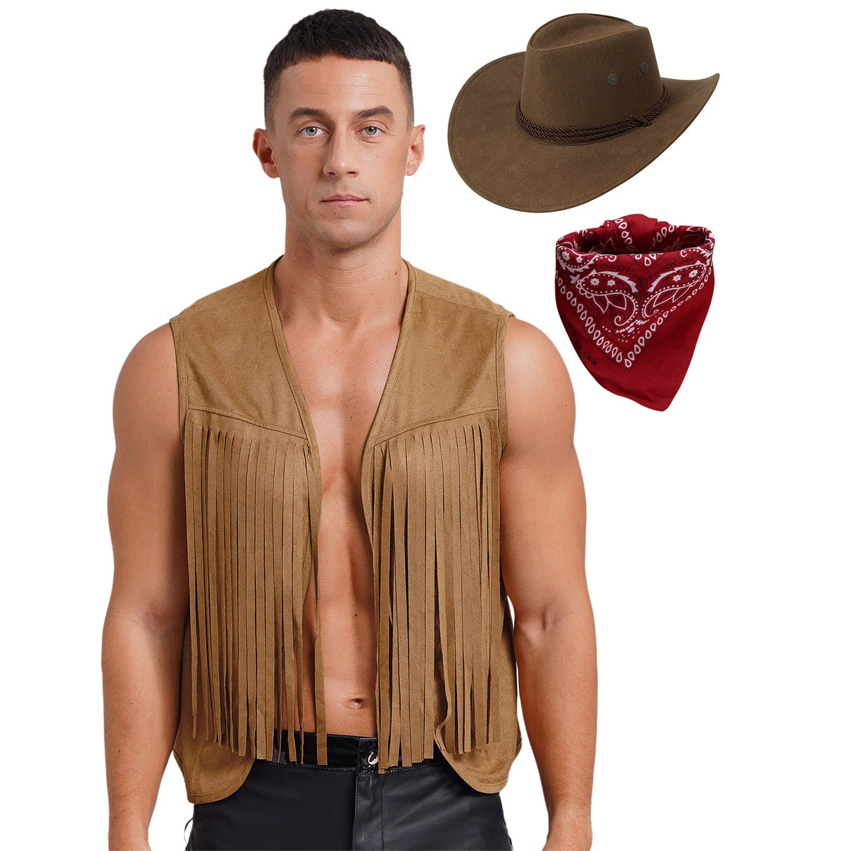 Mens Cowboy Costume Halloween Party Long Tassels 70s Hippie Cardigan Sleeveless Fringe Suede Jacket Waistcoat Vintage Vest Tops