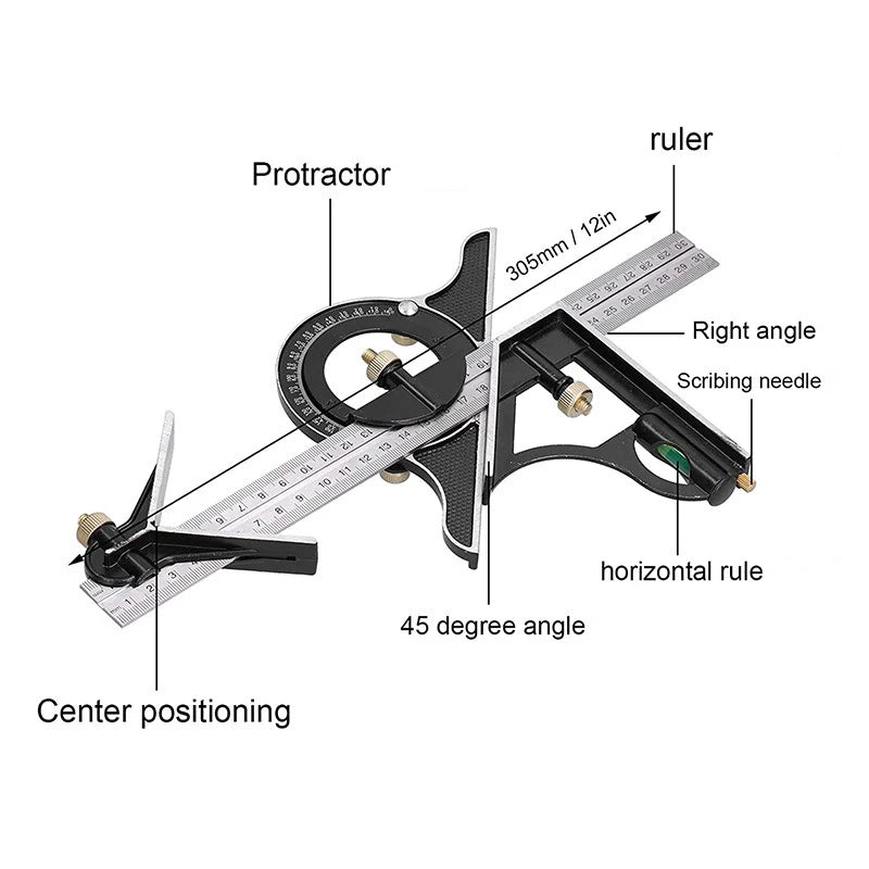 Woodworking 3 In 1 300mm Adjustable Measuring Ruler Multi Combination Square Angle Finder Protractor Tools