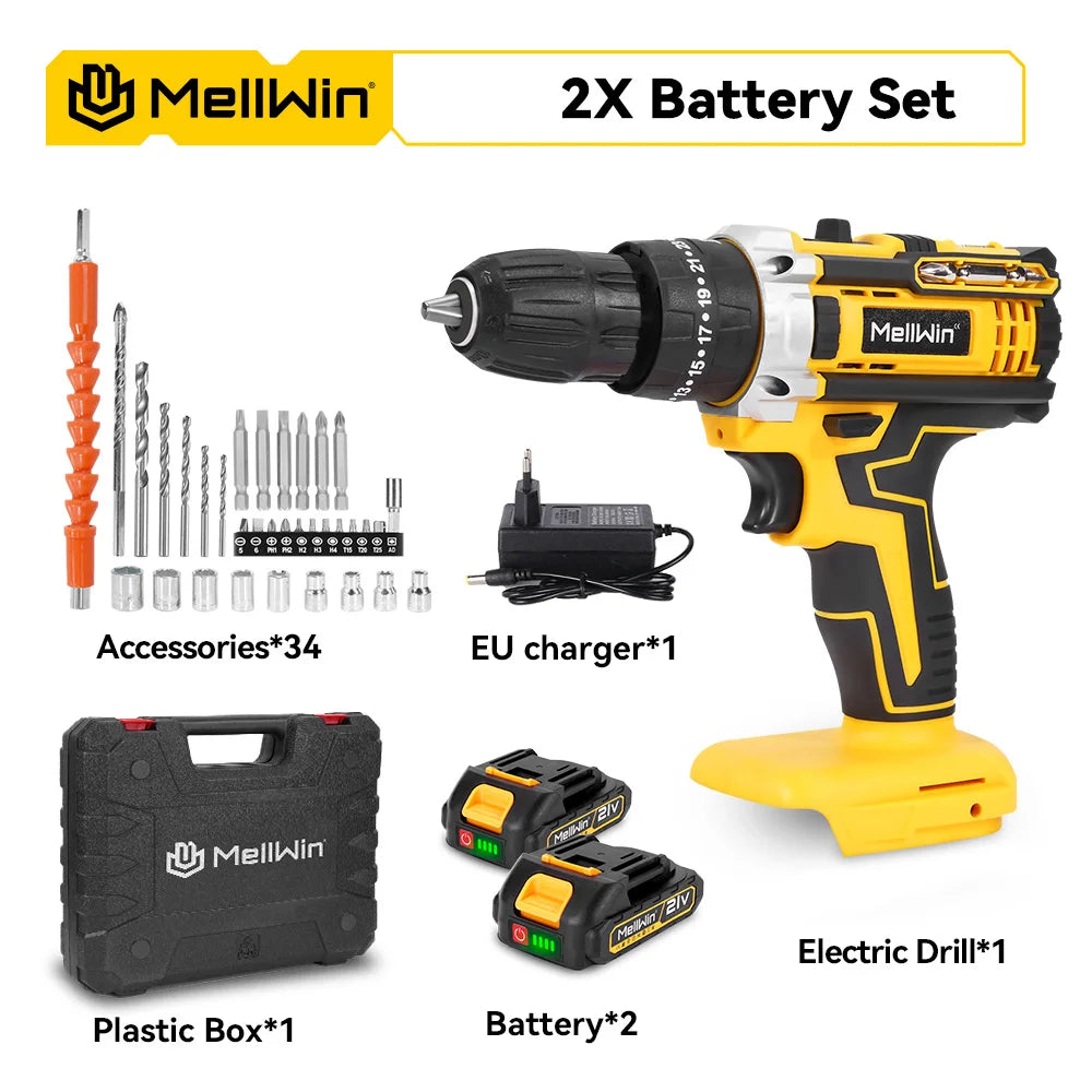 MELLWIN 25+3 Torque Electric Impact Drill 2 Speed Adjustable Cordless Electric Screwdriver Power Tool For Makita 18V Battery Pin