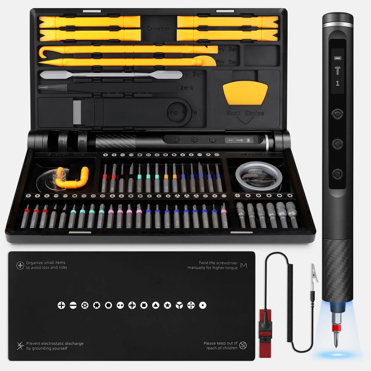71 in 1 Precision Electric Screwdriver Set Cordless with 48 Magnetic Bits Phillips LED5Torque 0.52N Tweezers PC Phone Repair Kit