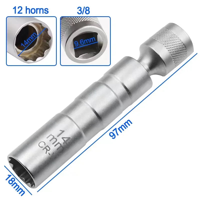 Spark Plug Socket Wrench Adapter 14mm16mm Set Universal Joint with Magnetic Flexible Socket Thin Wall 3/8" Drive Car Repair Tool