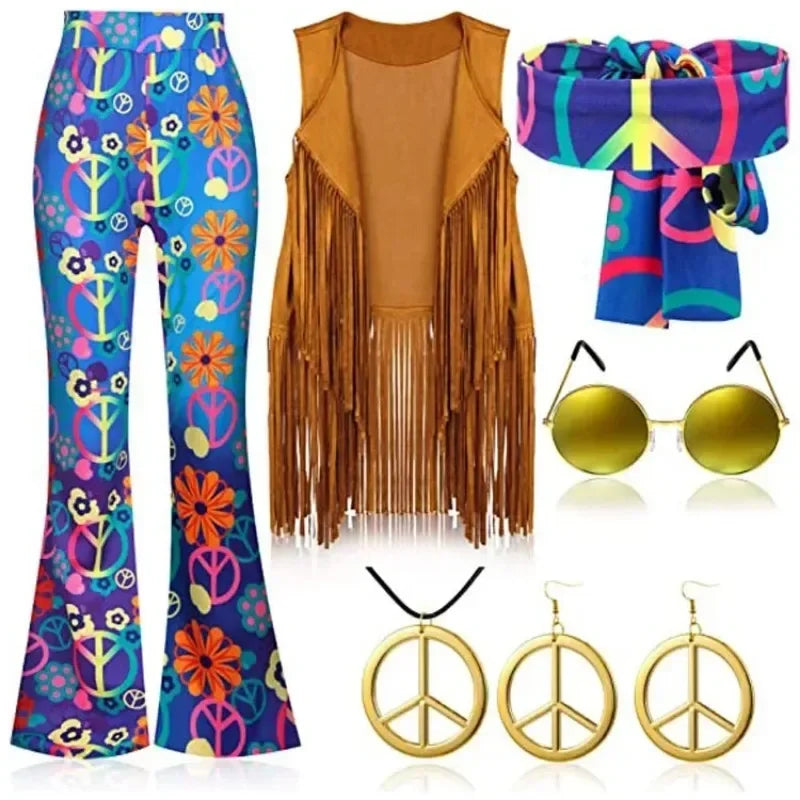 70s 80s Women Hippie Costume Set Bell Bottom Flared Pant for christmas party Halloween Cosplay