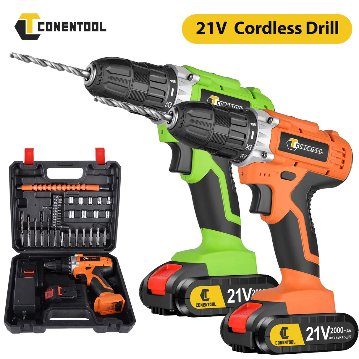 Conentool 45N.m Cordless Drill Driver Electric Screwdriver Rechargeable 2 Battery 25+1 Clutch Torque Impact Drill 36PCS Tool Set