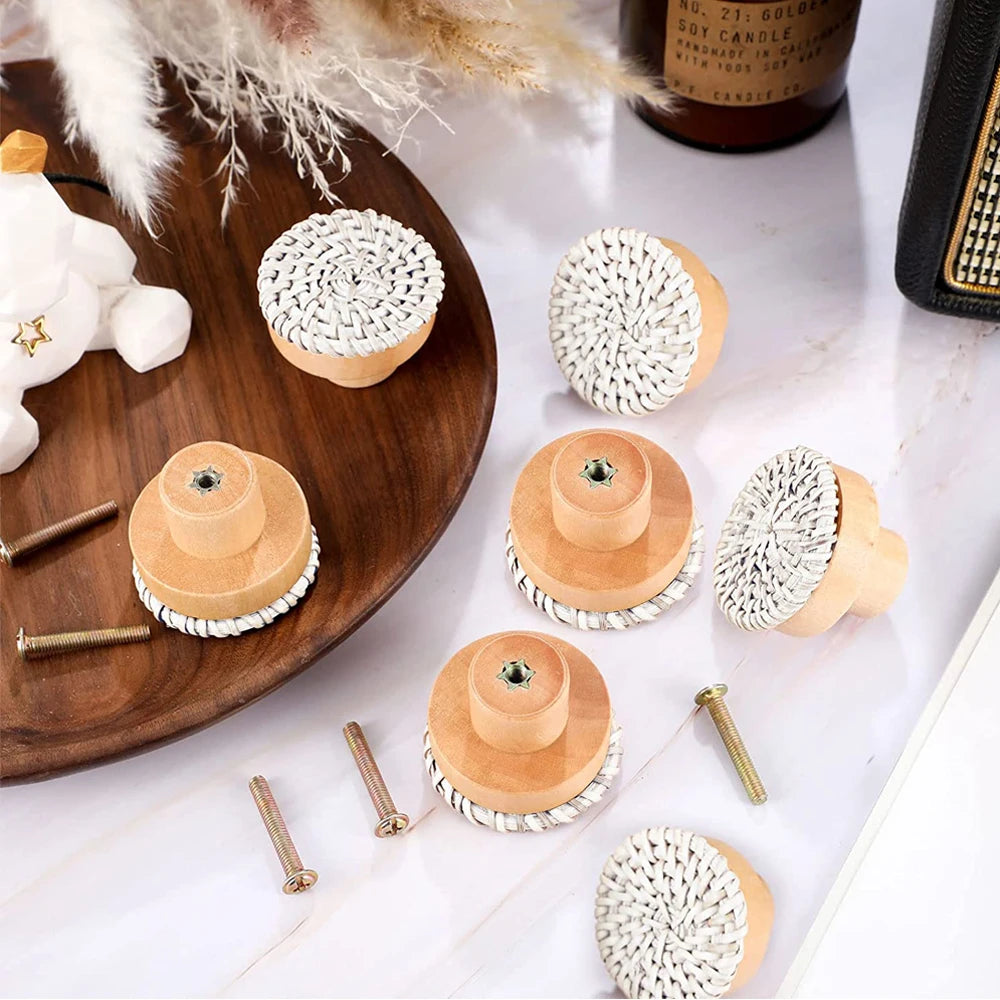 1-24pcs Rattan Wooden Handles Round Handmade Cabinets Drawer Pulls Wood Kitchen Cupboard Wardrobe Door Dresser Knobs