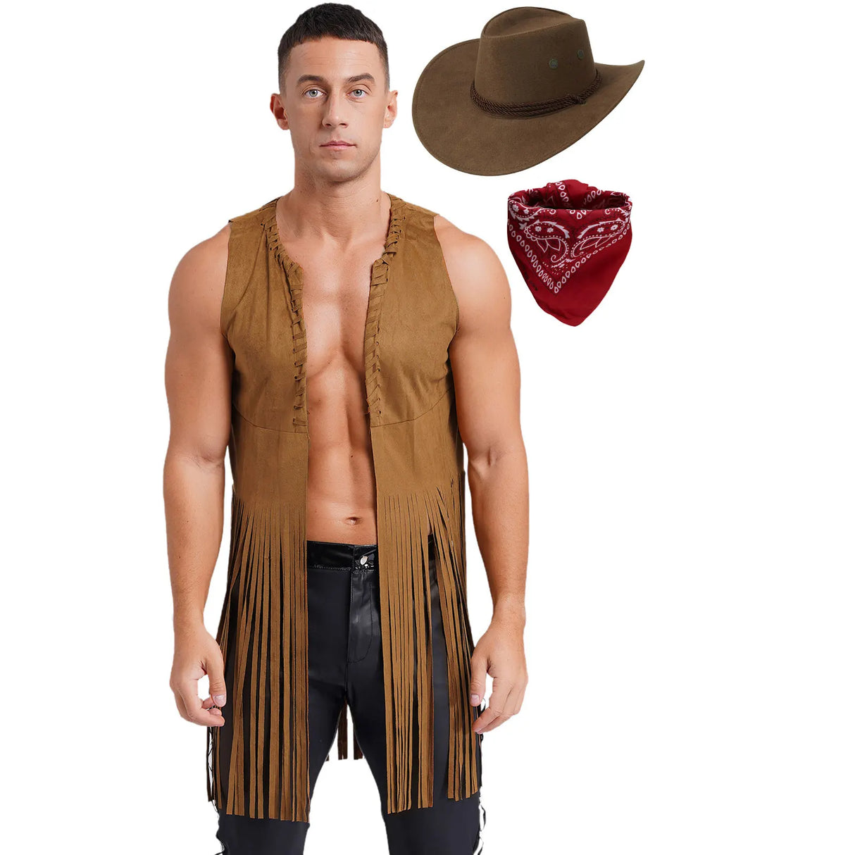 Mens Cowboy Costume Halloween Party Long Tassels 70s Hippie Cardigan Sleeveless Fringe Suede Jacket Waistcoat Vintage Vest Tops