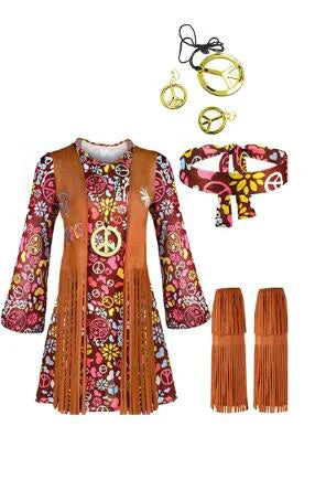Halloween Hippie Costume Women's Set for Carnival 70s Clothing Accessories Six-Piece Set Tassel Vest+Pants+Headband Set