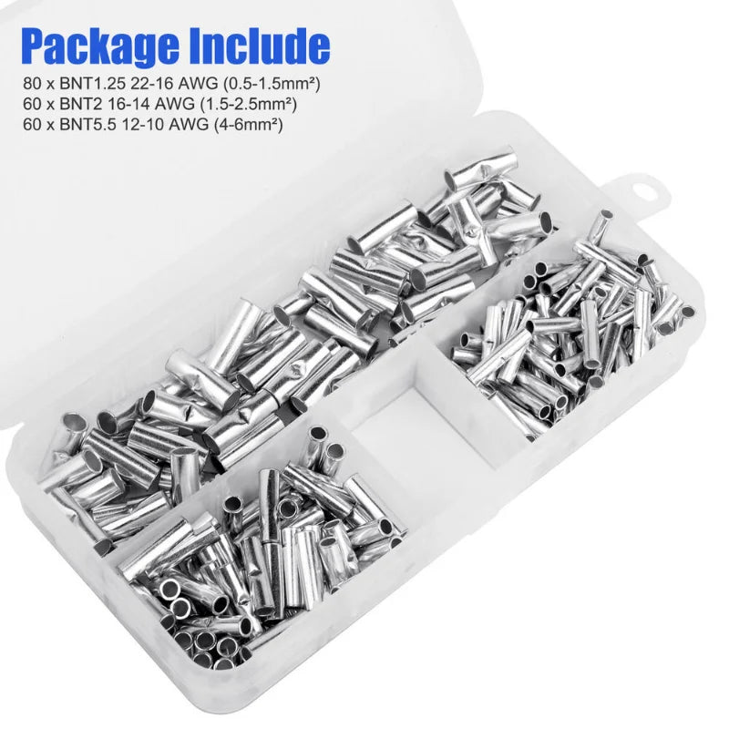 200PCS Non-Insulated Butt Wire Connector Ferrules Electrical Cable Terminal Copper Bare Tinned Crimp Terminal 0.5-6mm2 22-10AWG