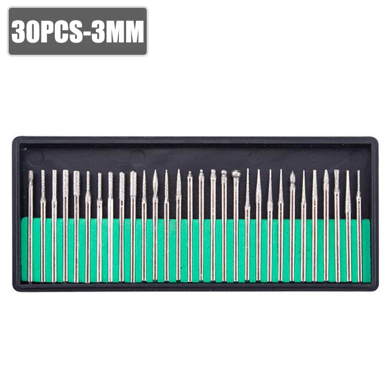 30pcs Shank Diamond Burs Set With Box For Dremel Electric Grinder Power Accessories Abrasive Drill Bit Rotary Tool Set 2.35/3mm
