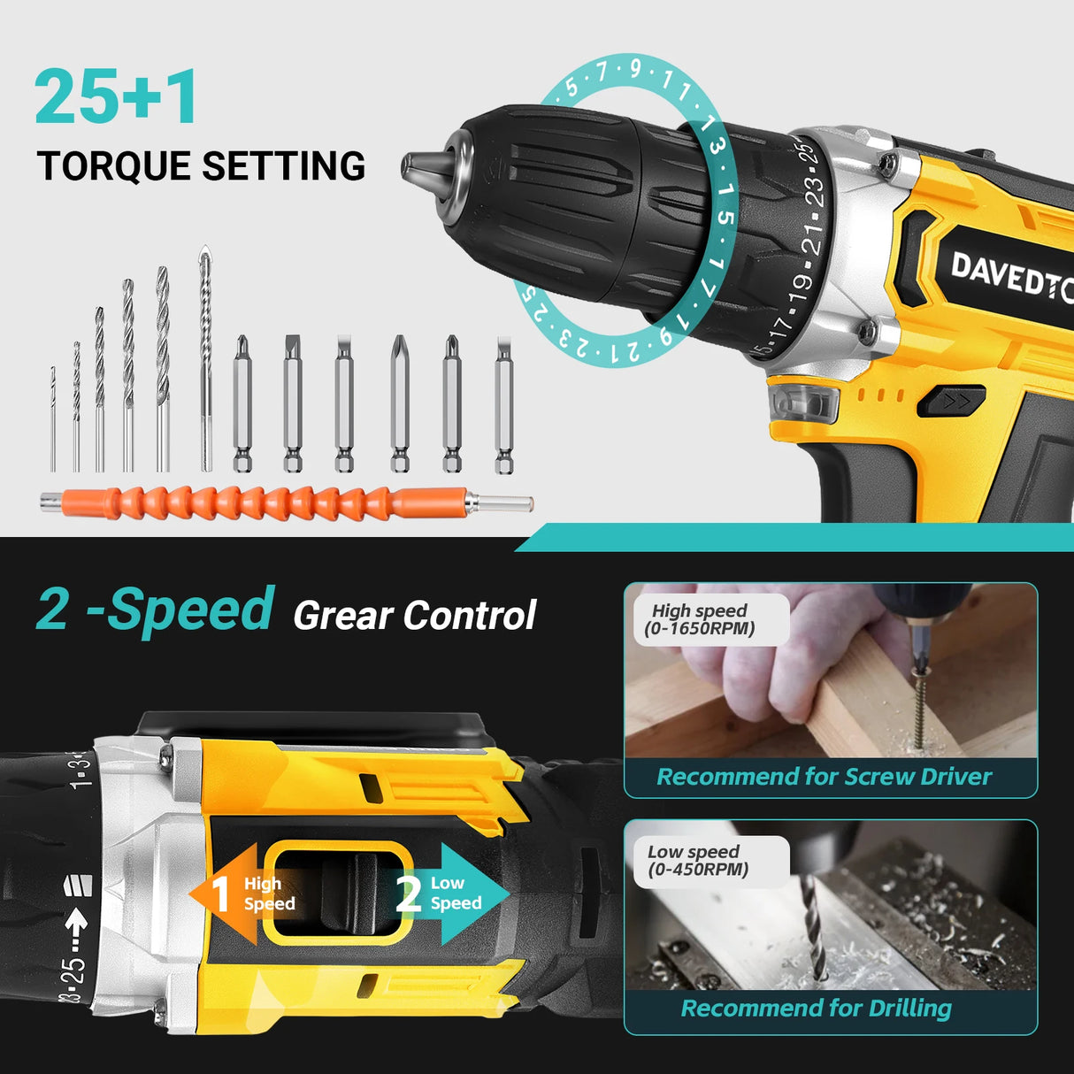 DAVEDTOOL 21V Cordless Drill Driver Kit Electric Screwdriver 2 Speed Gear, 2 x Batteries, 24 Piece Accessories for Home and DIY
