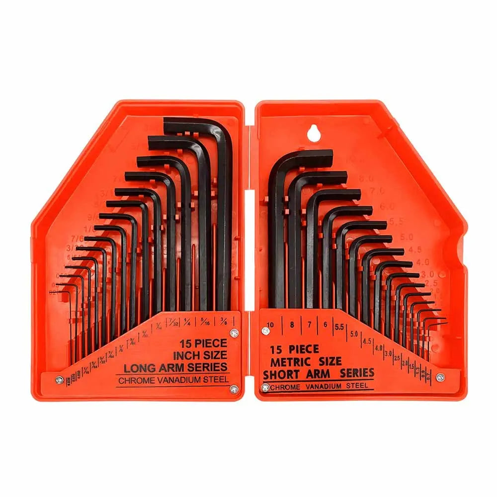 30Pcs Imperial & Metric Hex Allen Key Set Long & Short Arm Allan Alan Alen Hexagonal Steel Wrench Key Kit with Carry Case
