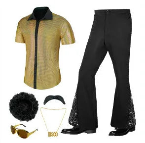 60s 70s Hippie Halloween Costume Sequins Pants Shirt Tops Bell Bottom Men's Flared Trouser Adult Disco Singer Dance Shiny Outfit
