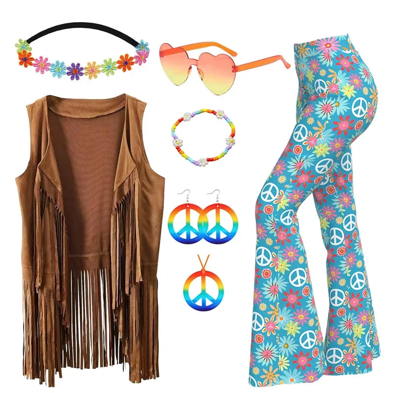 60s 70s Hippie Disco Cosplay Costume Women Hip Tassels Hippie Vest Cardigan Flared Pants Set Halloween Carnival Party