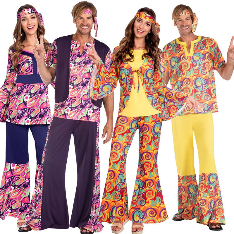 Couple Retro 60s 70s Hippie Cosplay Halloween Costume for Men Women Fancy Disguise Clothing Party Hippie Rock Disco Night Club