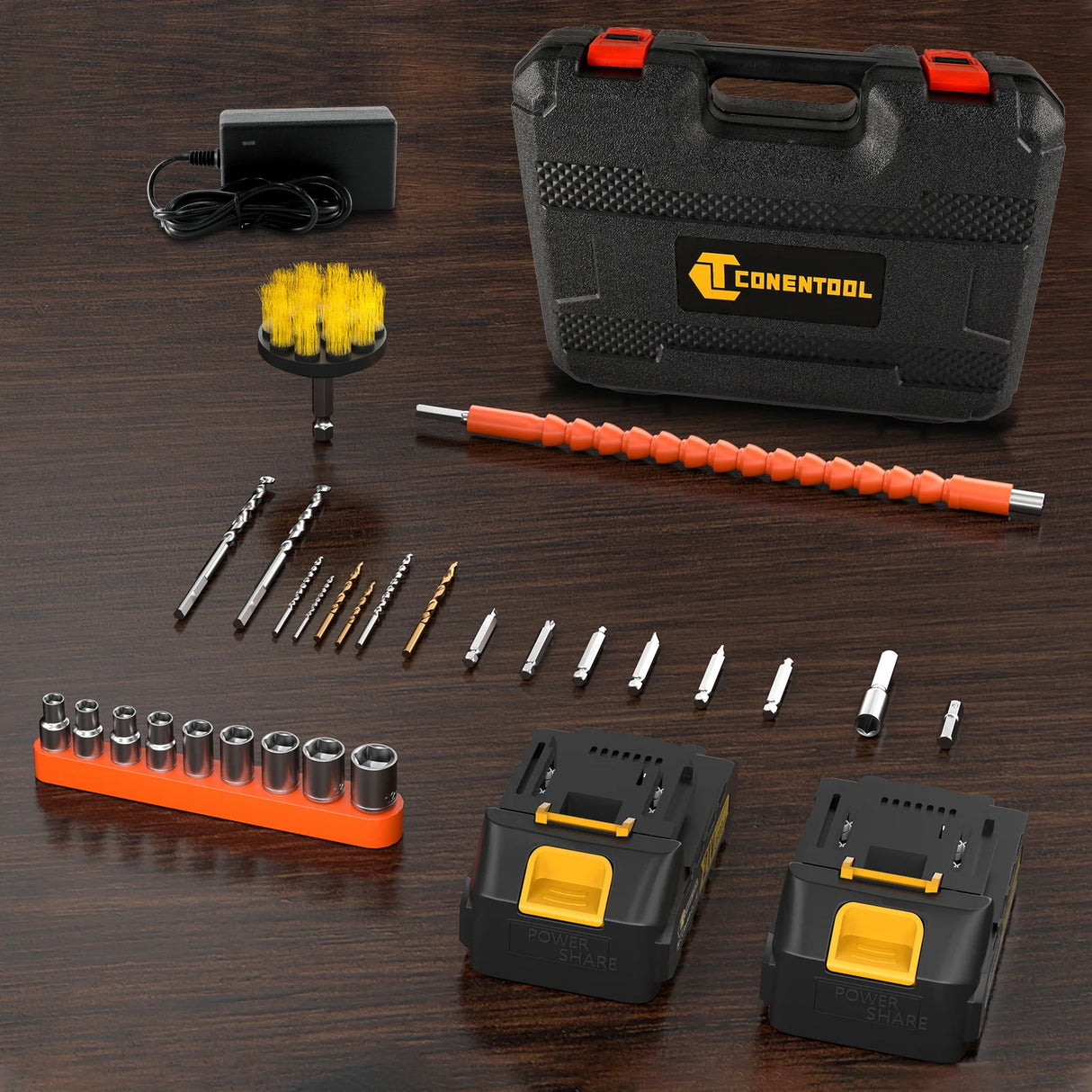 CONENTOOL 21V Brushless Wireless Electric Drill Screwdriver 27PCS Set Cordless Drill Driver 2pcs Battery 52 N.m for DIY Project