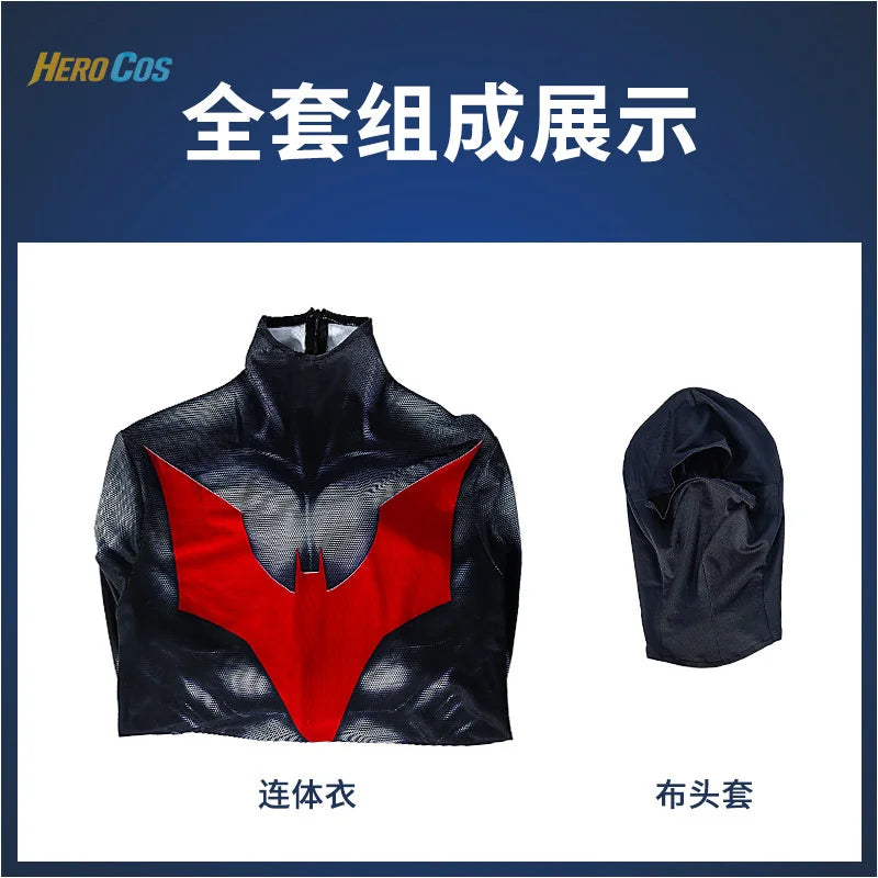 Batmaning Beyond Cosplay Costume Black Jumpsuit with Headgear Full Set Props Accessories Halloween Carnival Party