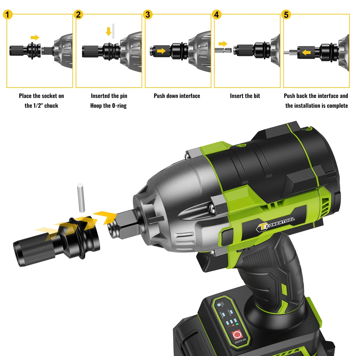 CONENTOOL 21V Cordless Impact Wrench, 1/2” Brushless, 520Nm, with 2x 4000mAh Batteries, Electric Impact Gun Set for Car and Home