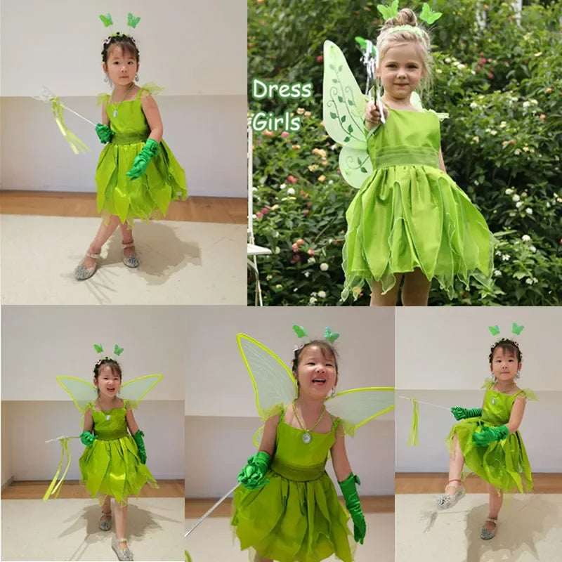 Girls Fairy Tinker Bell Costume Halloween Carnival Elves Party Peter Pan Cosplay Costume for Kids Green Tinkerbell Fancy Dresses