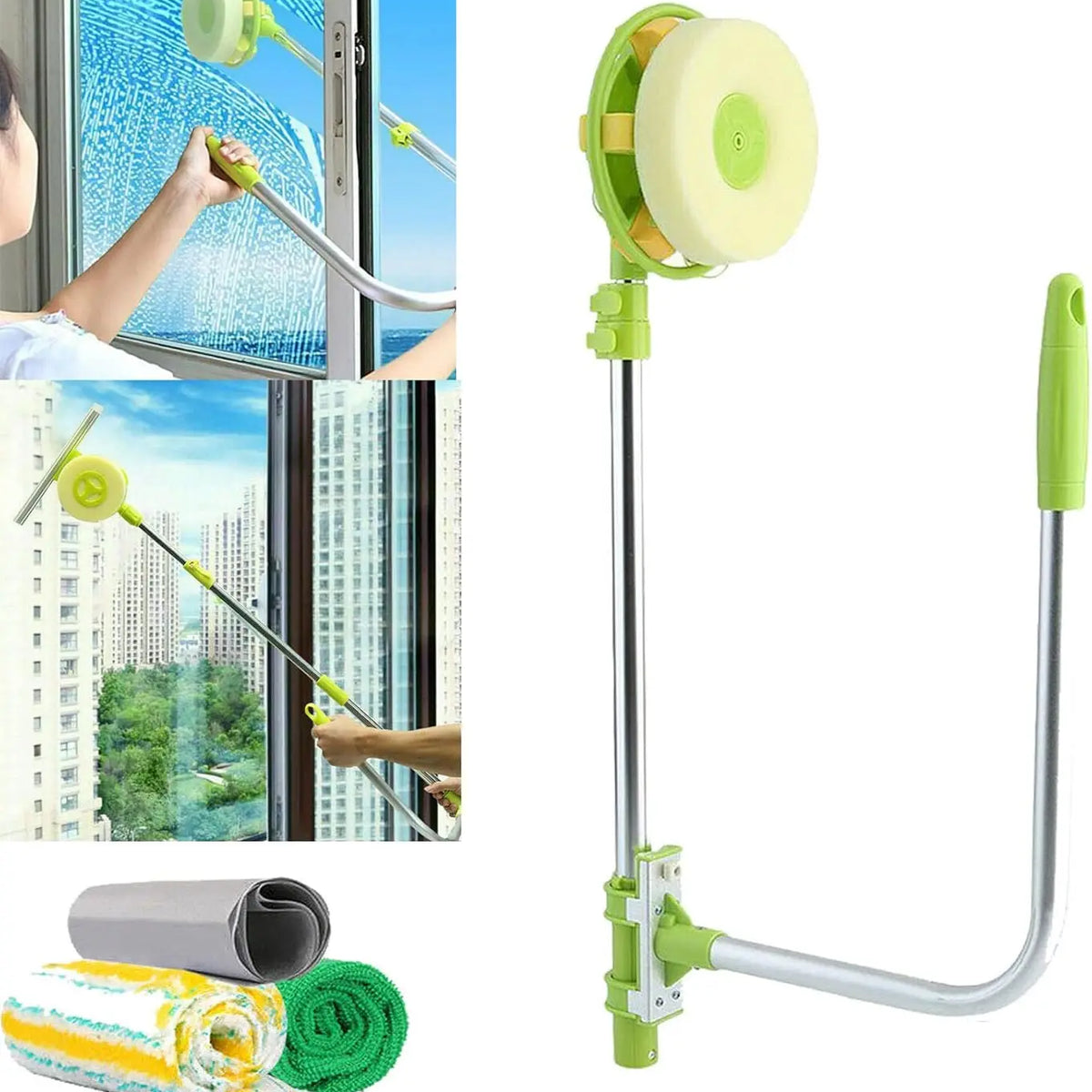 U Shaped Telescopic Window Squeegee Cleaner High Rise, Adjustable Sponge Head And Squeegees, Window Glass Cleaning Tools For Indoor Outdoor Window, 1.4m Extendable Steel Pole