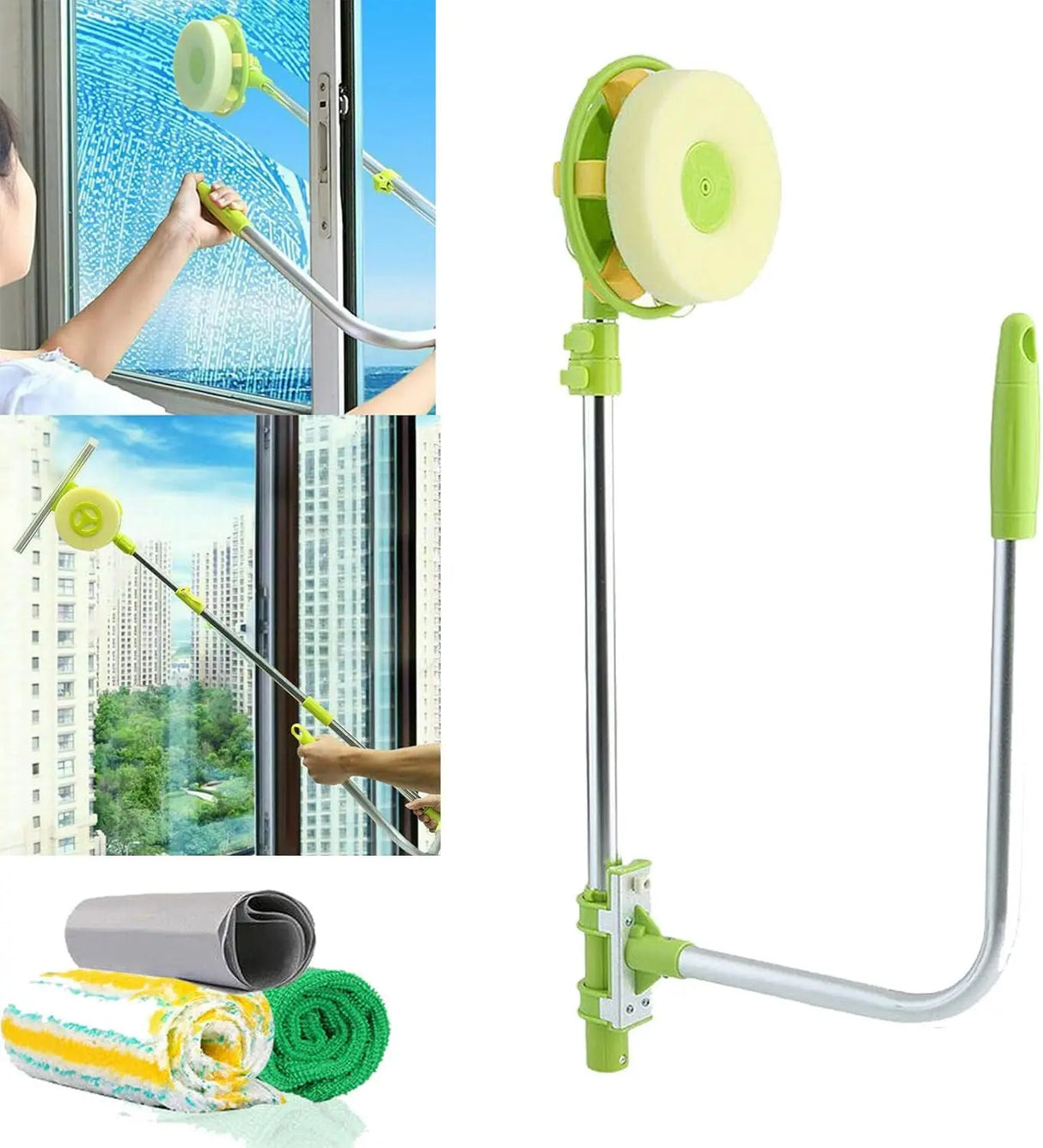 DayPlus Mulpurpose 2 in 1 Window Cleaning Tool-U Shaped Telescopic High Rise Window Cleaner, Adjustable Sponge Head&Squeegees