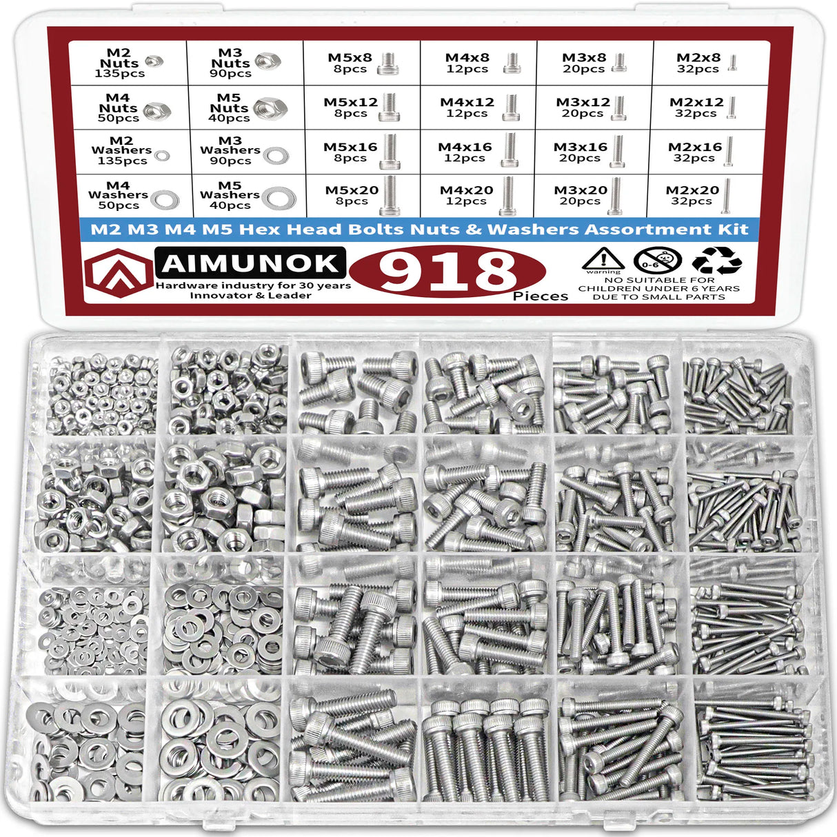 918pcs Nuts and Bolts Assortment Kit - M2, M3, M4, M5 Hex Head 304 Stainless Steel Bolts, Nuts, Flat Washers, and More