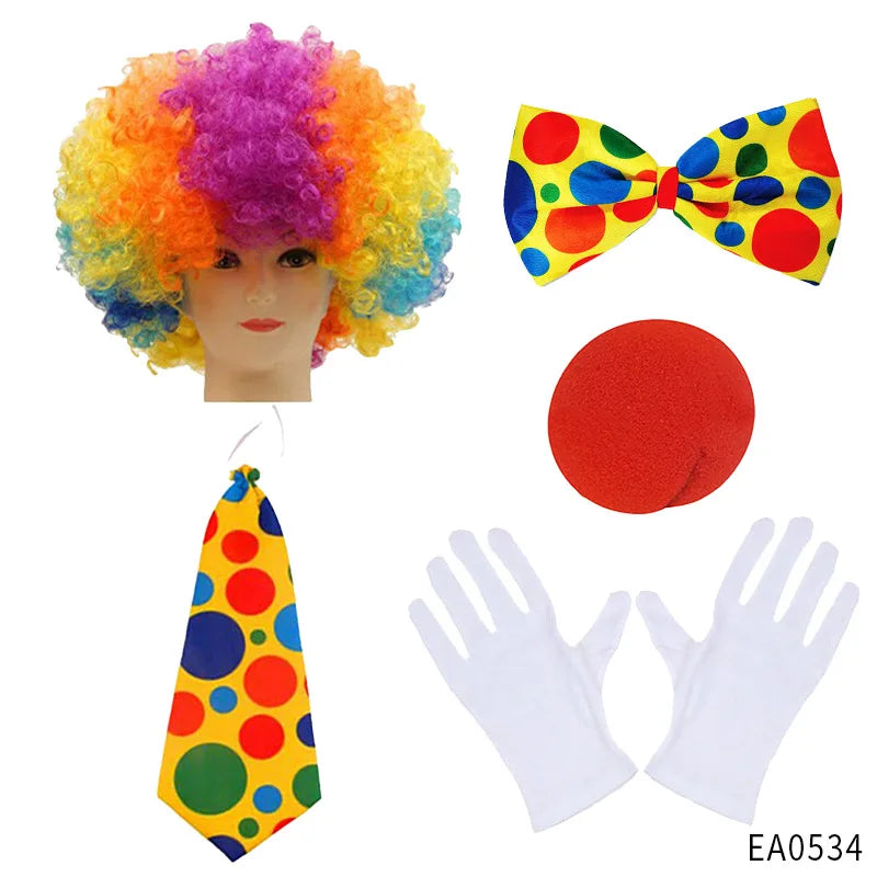 Clown Costume - Nose Wig Bow Tie Shoes Headband Gloves Hat Stockings and Vest Dress Up Cosplay Props Accessories