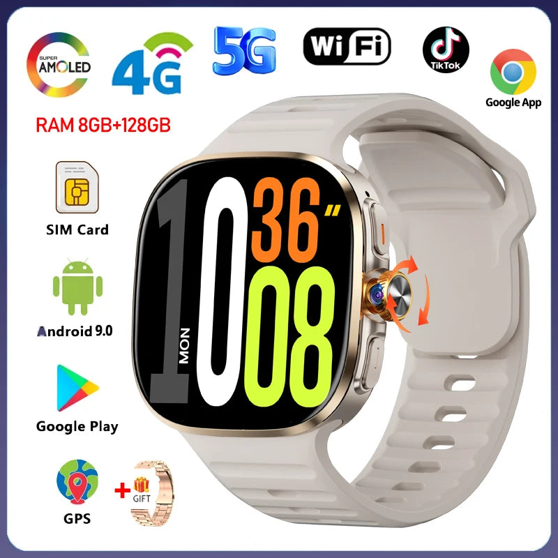 5G/4G Smart Watch 2.4 inch AMOLED 2100mah Battery 900W Camera GPS WIFI Google APPS Download 8GB+128GB RAM Smartwatch Android 10