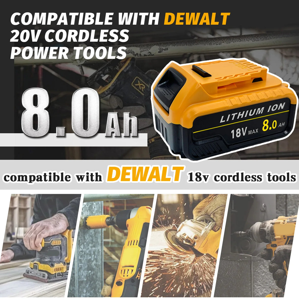 2Pack 8.0Ah Compatible with Dewalt DCB184 18V XR slide Li-Ion Battery DCB182 DCB183 DCB180 DCB200 Lithium-Ion Power Tool Max