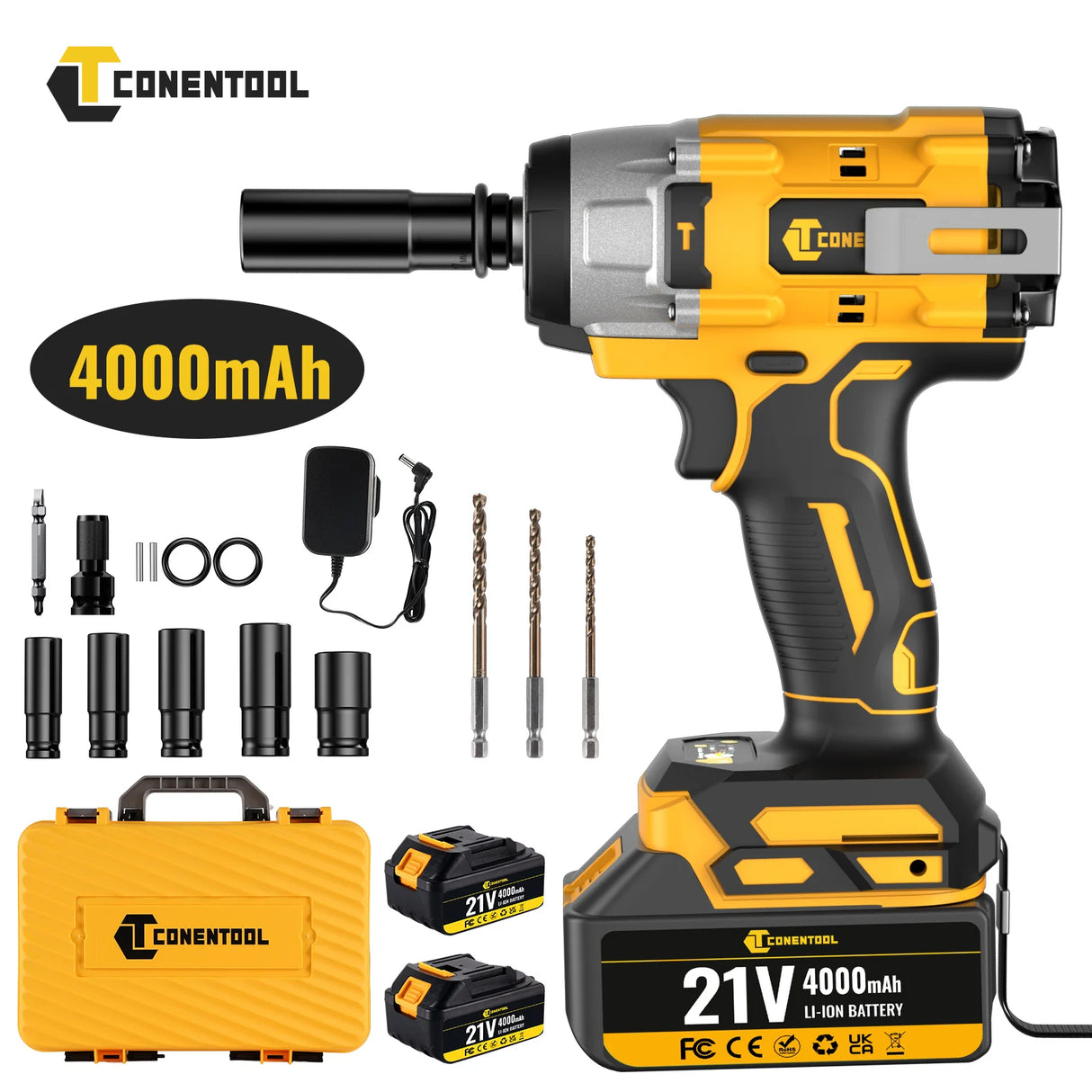 Conentool 21V Brushless Electric Impact Wrench 680N.m Cordless Electric Wrench Tool Kit Set with 2 Batteries and 14p Accessories
