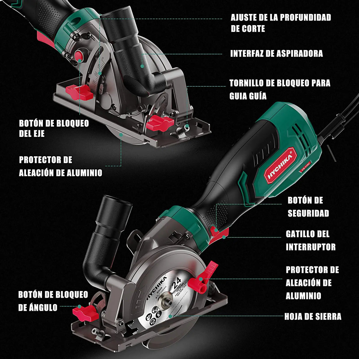 HYCHIKA 750W Circular Saw with 3 Saw Blades 48mm Cutting Depth Power Tools for Cutting Wood Soft Metal Tiles and Plastic