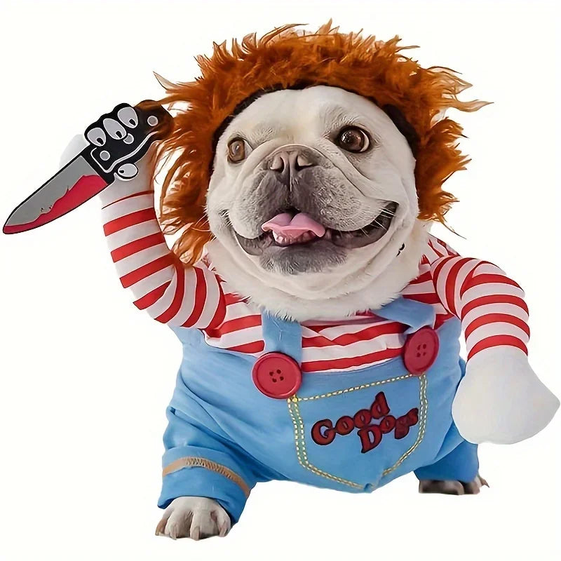 1-4PCS Halloween Chucky Pet Costume Deadly Doll Outfit for Dogs Cats Cosplay Funny Scary Apparel with Wig Knife Accessories