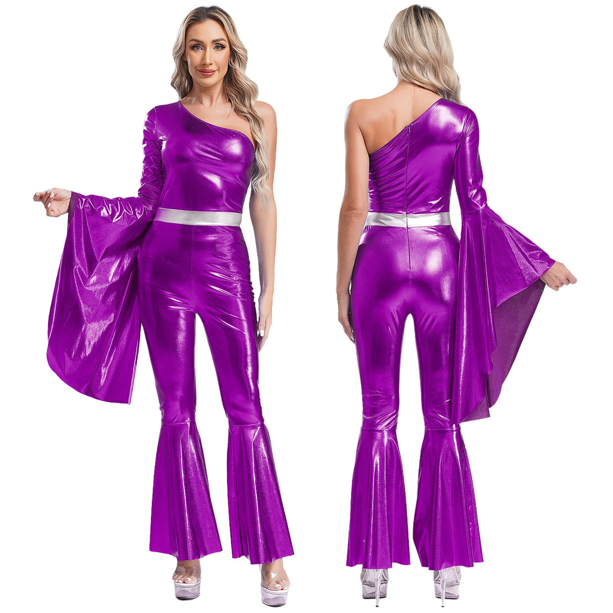 Womens 60 70s Disco Costume Hippie Outfits Halloween Carnival Party Hip-hop Dance Costumes Shiny Metallic Bodysuit Jumpsuit