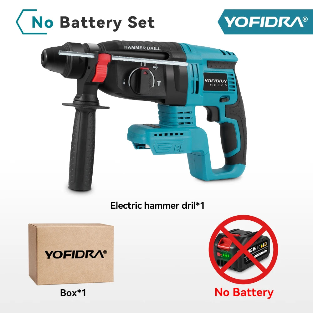 YOFIDRA Brushless Electric Hammer Impact Drill 26MM Cordless Woodworking Impact Drill Power Tools Set For Makita 18V Battery Pin