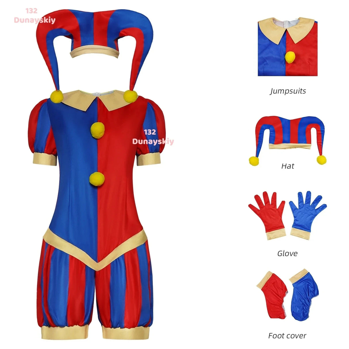 Costume de Cosplay de Clown pour femmes adultes, costume de bouffon, combinaison et chapeau bleu rouge avec gants et chaussettes